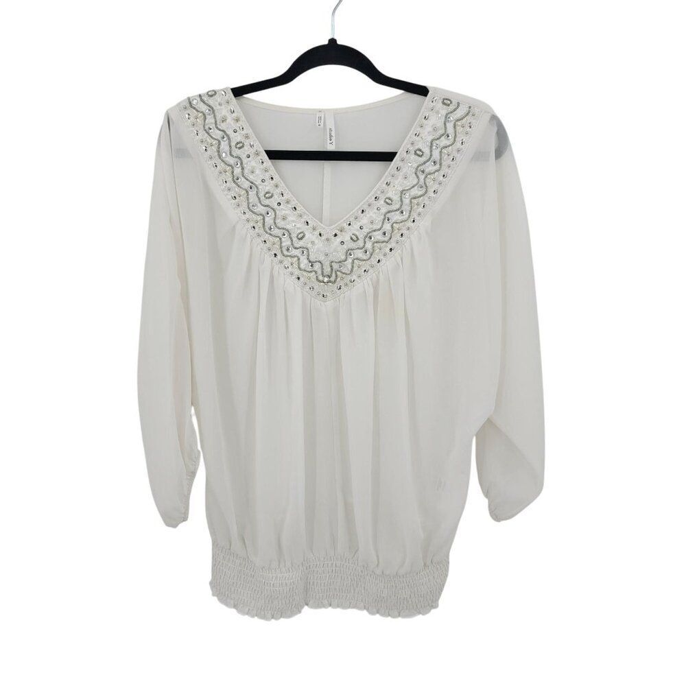 Retro White Blouse Sz M Silver Beaded Sheer Batwing Peasant Glam Pullover